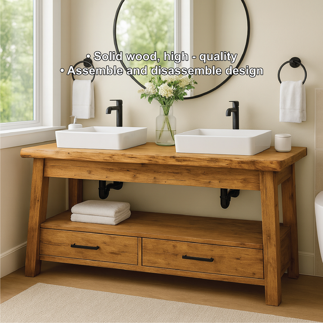 Handcrafted Double Solid Wood Bathroom Vanity with Drawers and Natural Finish for Modern Spaces