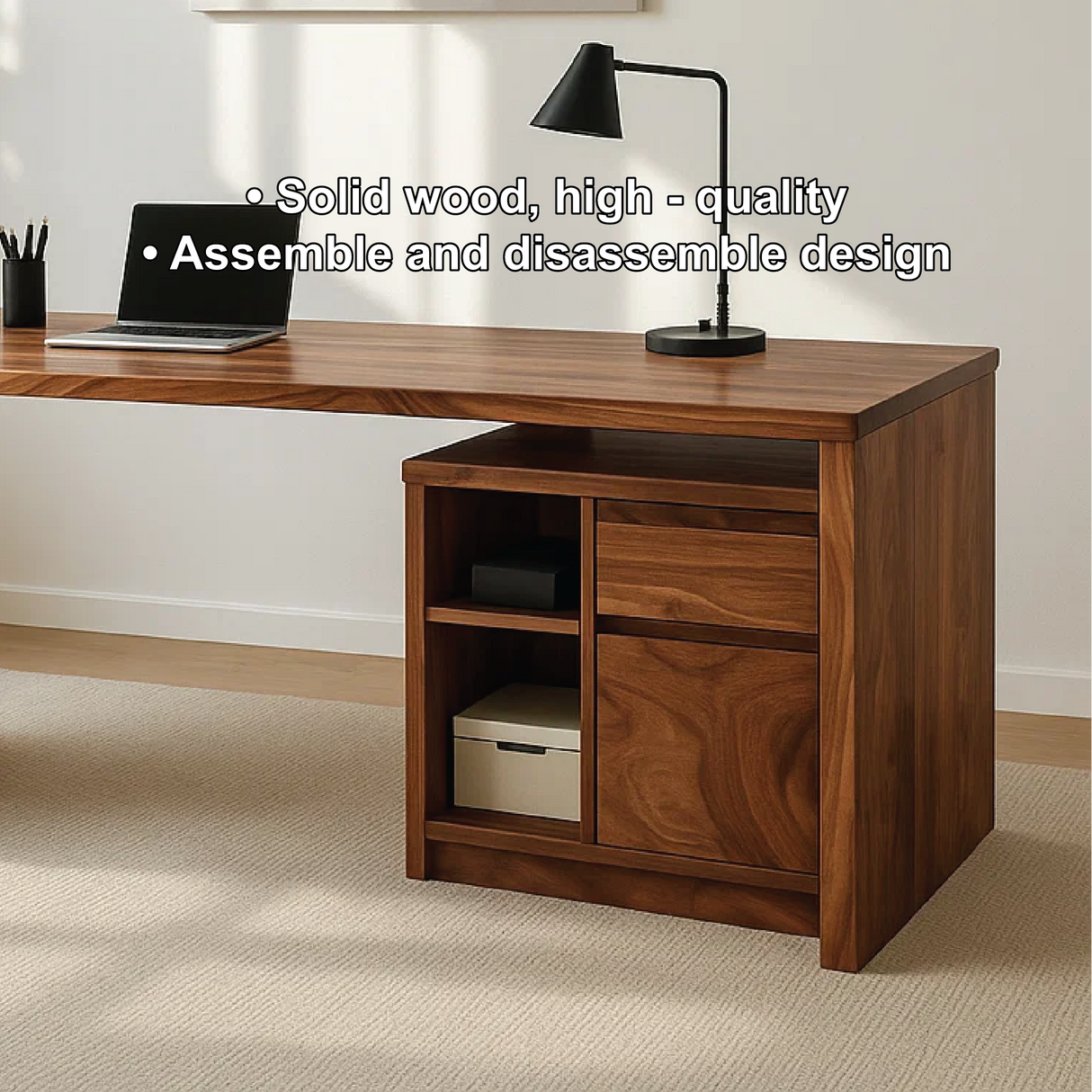 Handcrafted Solid Wood Work Desk – Modern Minimalist Office Table with Storage Shelves & Drawer