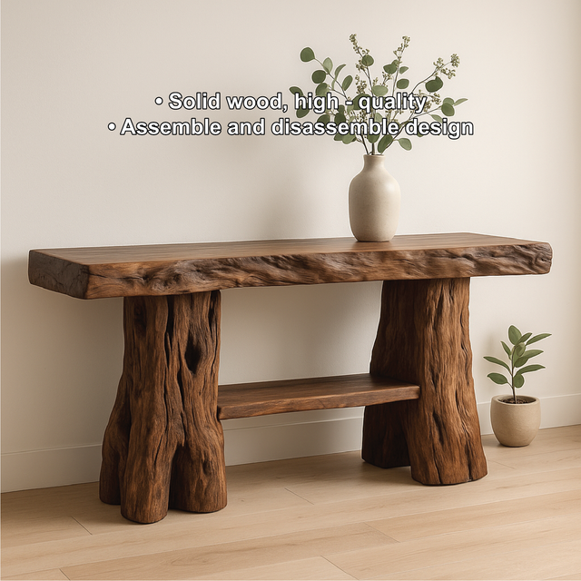 Handcrafted Solid Wood Console Table with Tree Trunk Legs for Rustic Natural Home Interiors