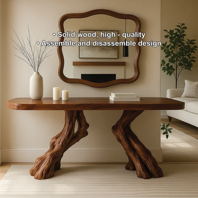 Handcrafted Solid Wood Console Table with Twin Root Base and Smooth Natural Finish Design