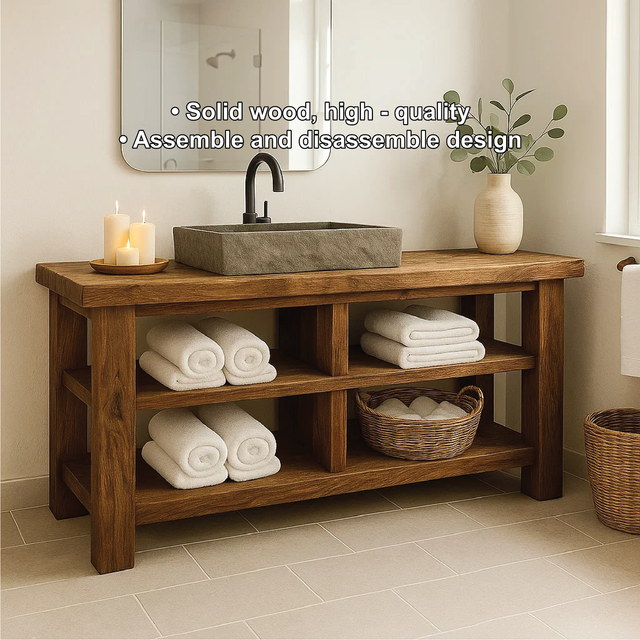 Handcrafted Solid Wood Bathroom Vanity with Open Shelving for Natural and Minimalist Interiors