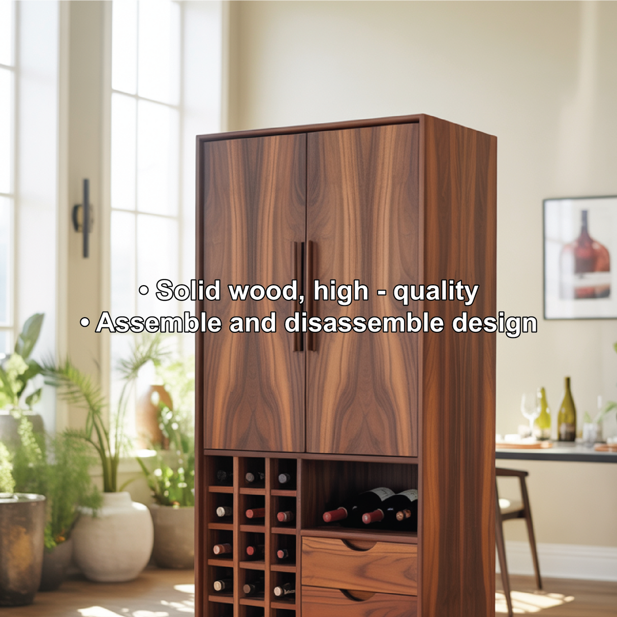 Handcrafted Solid Wood Dining Cabinet with Wine Storage Grid, Drawers and Tall Double Doors