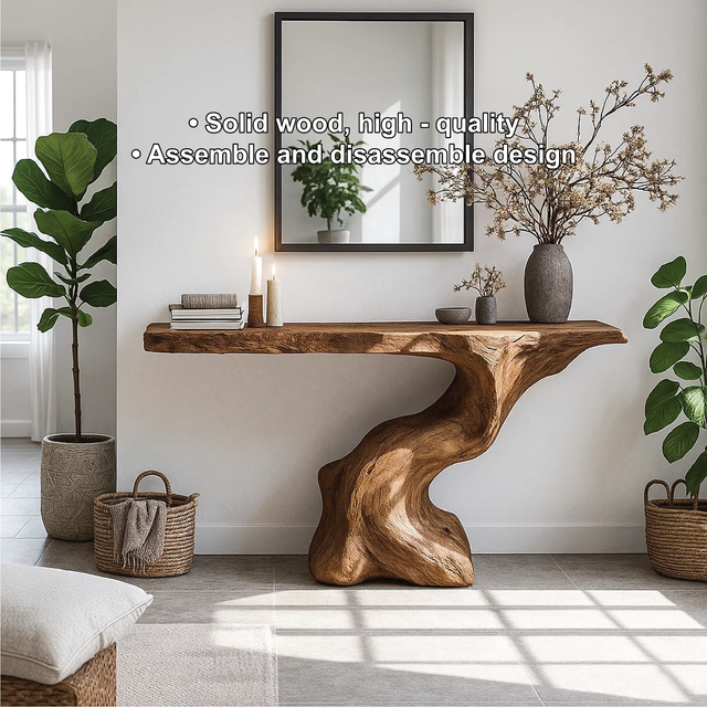 Handcrafted Solid Wood Console Table with Organic Sculpted Base and Natural Live Edge Design