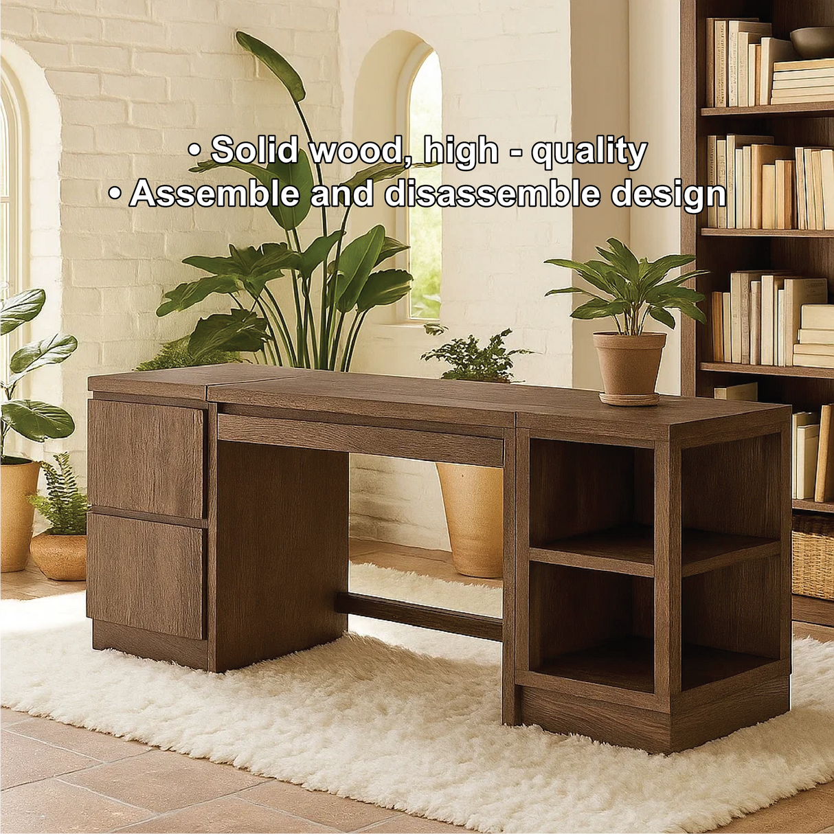 Handcrafted Solid Wood Work Desk – Modern Office Table with Storage Drawers and Open Shelves