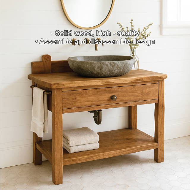 Handcrafted Solid Wood Bathroom Vanity with Drawer and Shelf for Rustic Farmhouse Interior Design