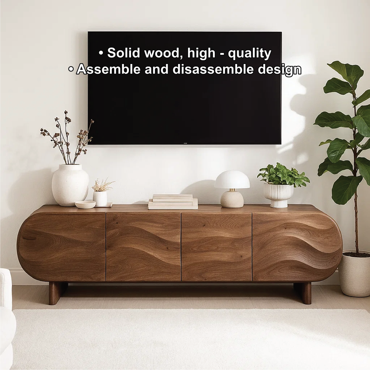 Handcrafted Solid Wood TV Stand – Modern Wavy Front Media Console with Rounded Design