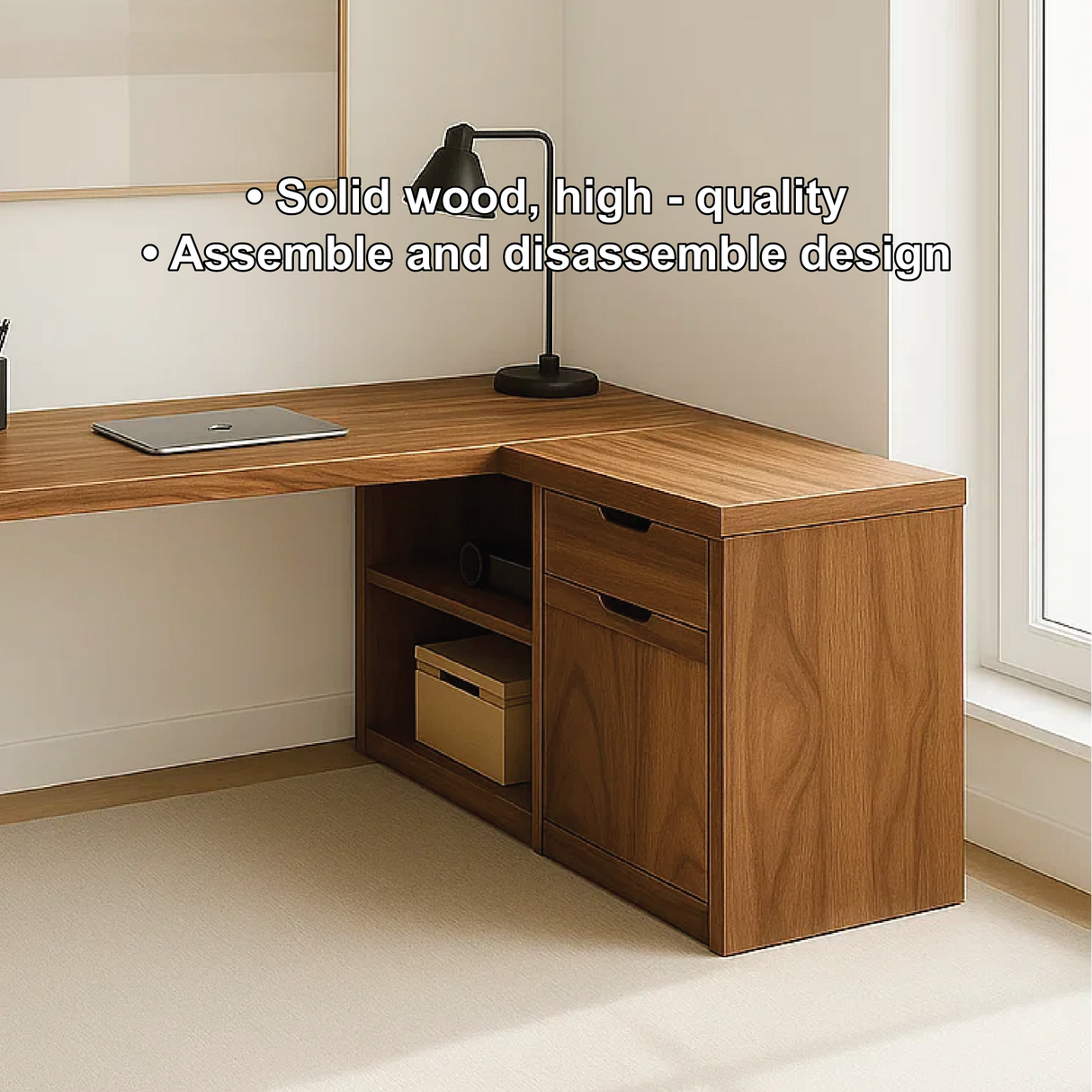 Handcrafted Solid Wood L-Shaped Work Desk – Modern Corner Office Table with Storage Drawers