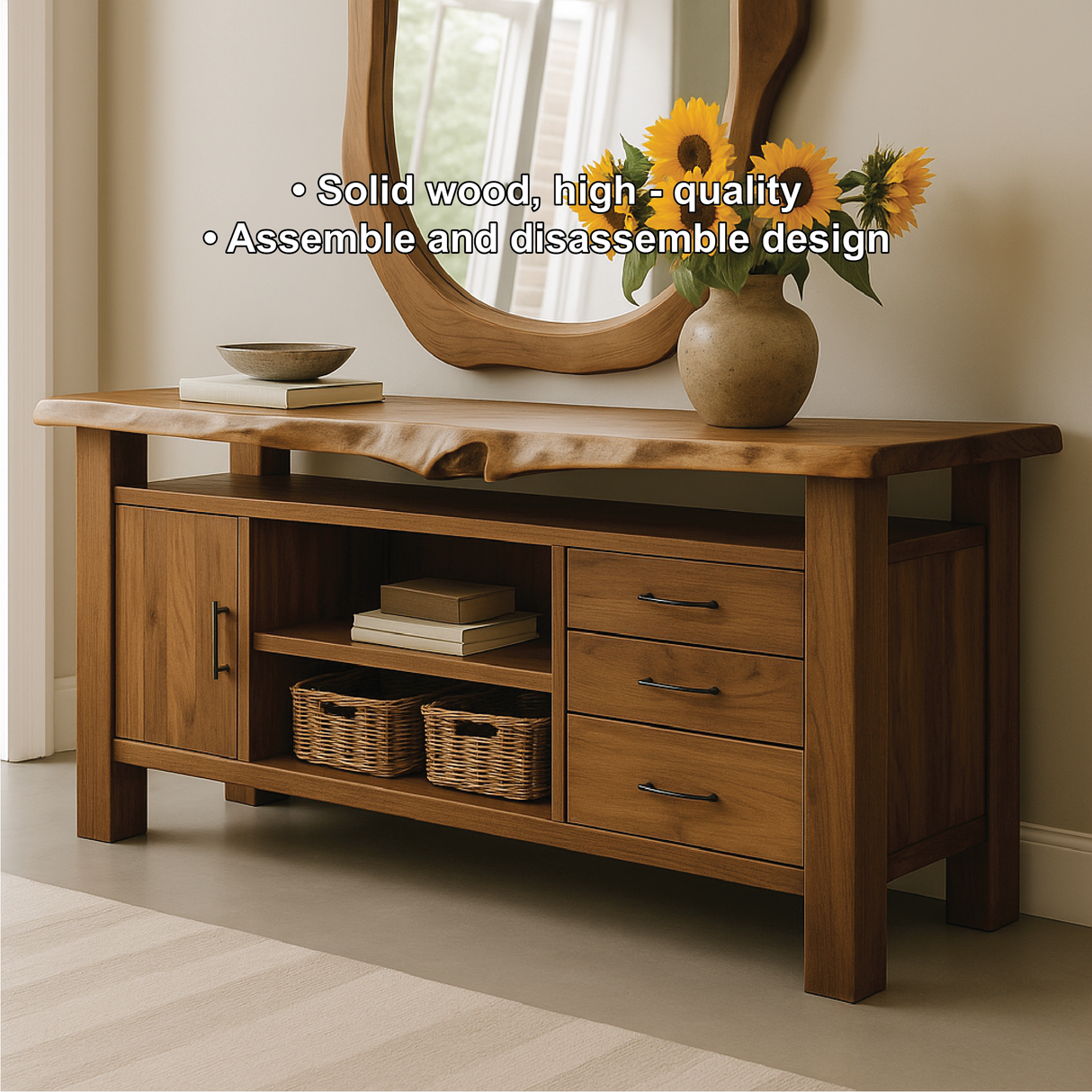 Handcrafted Solid Wood Console Table with Live Edge Top and Storage Drawers for Modern Interiors