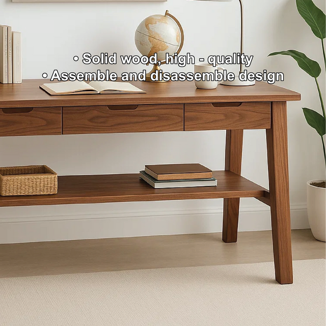 Handcrafted Solid Wood Writing Desk – Minimalist Work Table with Drawers and Open Shelf Design