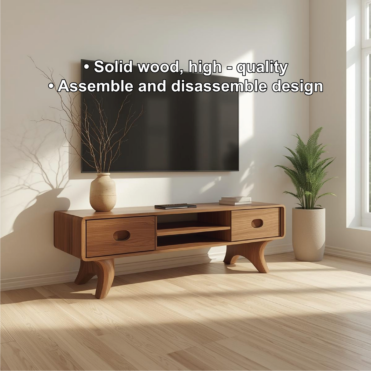Handcrafted Solid Wood TV Stand with Rounded Edges and Retro Legs in Natural Walnut Finish