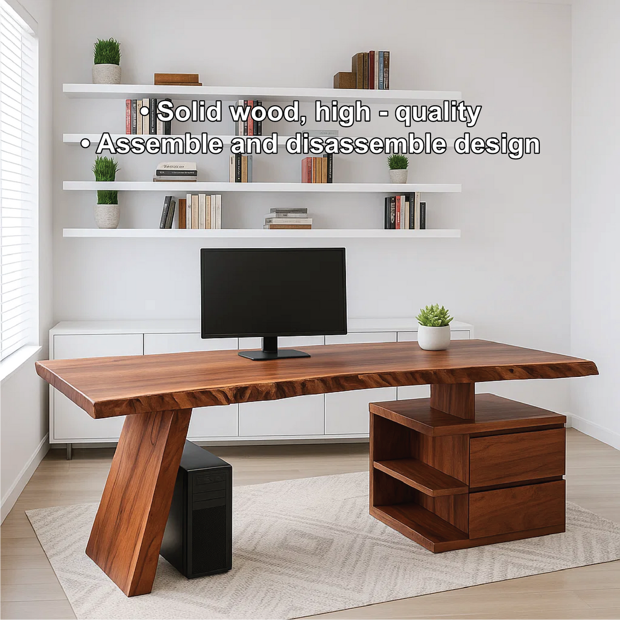 Handcrafted Solid Wood Work Desk – Live Edge Executive Office Table with Modern Asymmetric Base
