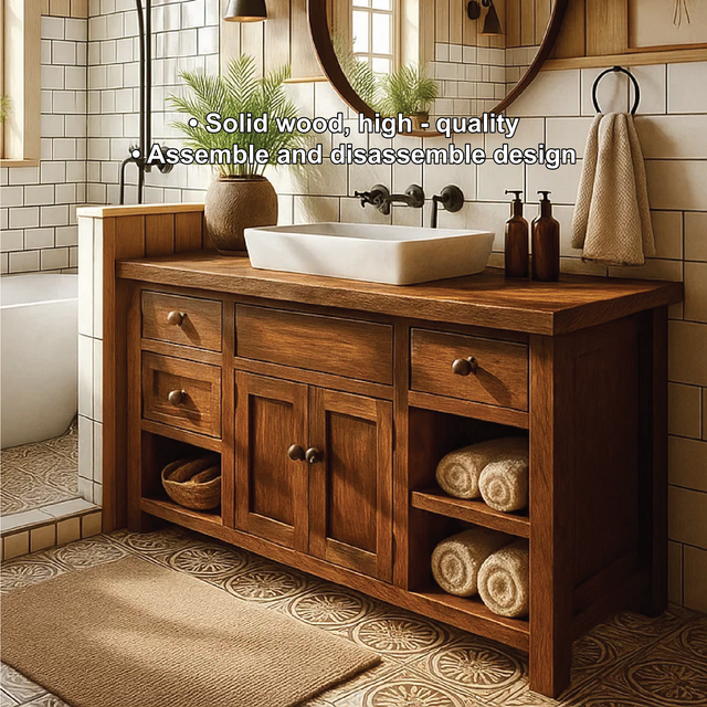 Handcrafted Solid Wood Bathroom Vanity with Drawers and Open Shelves in Warm Walnut Finish