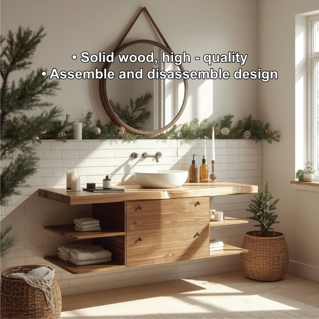 Handcrafted Solid Wood Floating Bathroom Vanity with Shelf Storage and Natural Modern Design