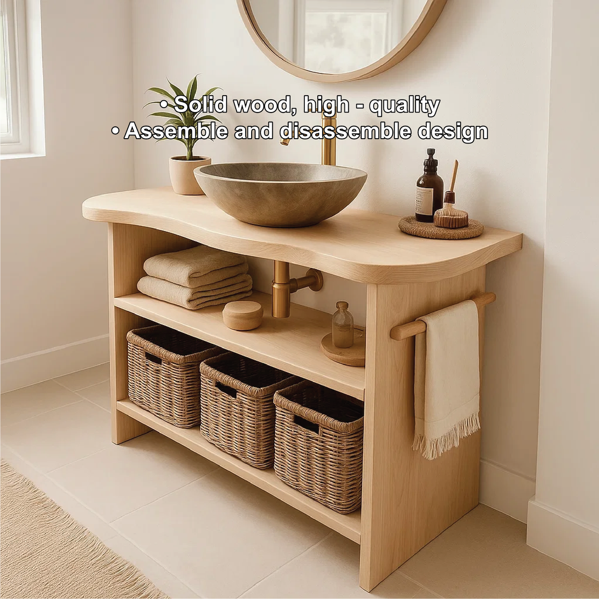 Handcrafted Solid Wood Bathroom Vanity with Curved Edge Design and Open Shelves for Modern Spaces
