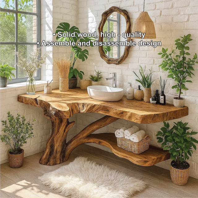 Handcrafted Solid Wood Bathroom Vanity with Natural Tree Trunk Base and Live Edge Design