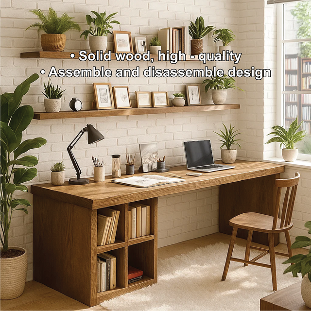 Handcrafted Solid Wood Work Desk – Long Home Office Table with Bookshelf and Natural Finish