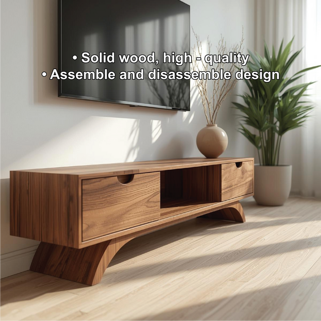 Handcrafted Solid Wood TV Stand with Curved Base and Natural Walnut Finish for Modern Living