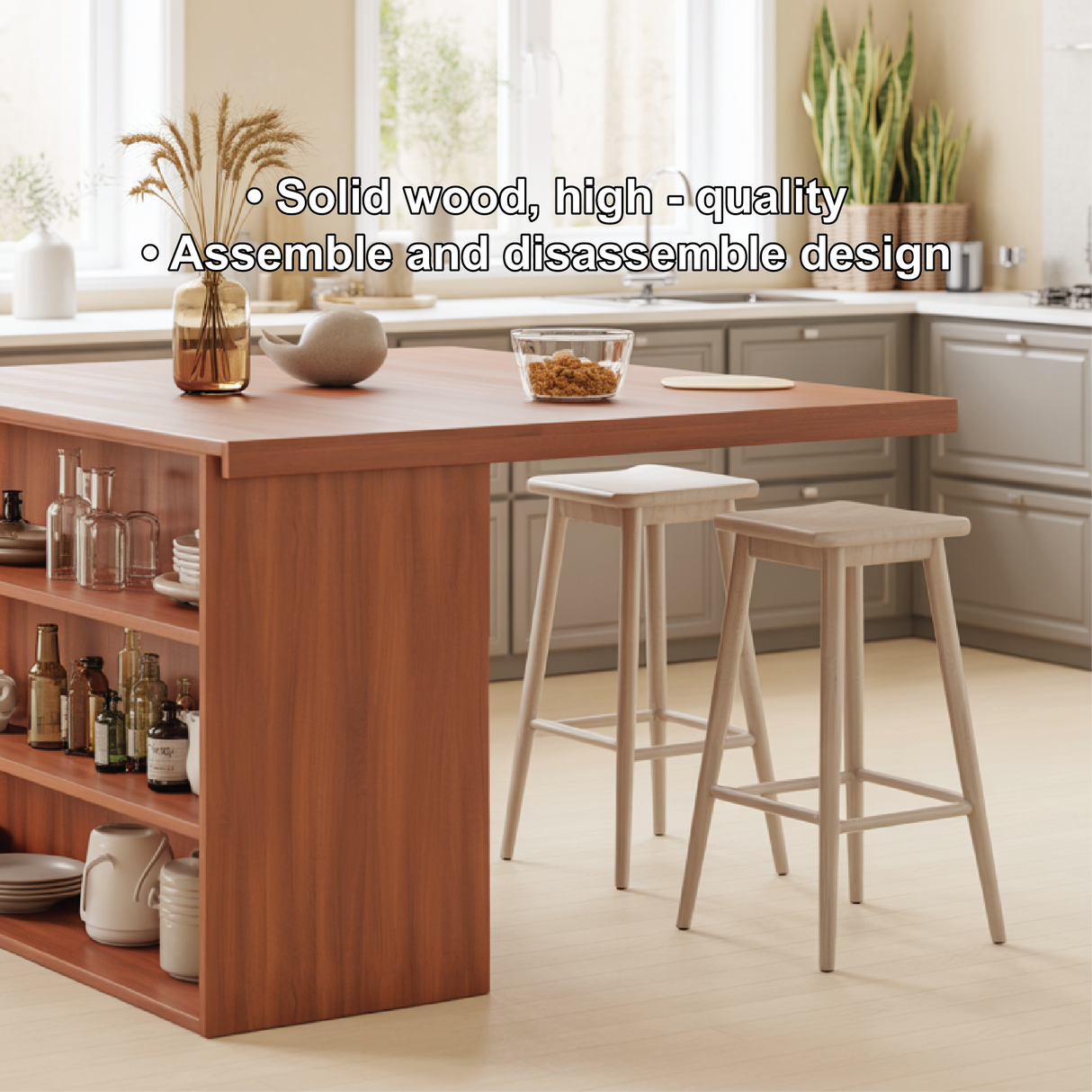 Handcrafted Solid Wood Dining Table with Open Storage Shelves for Modern Kitchen Interiors