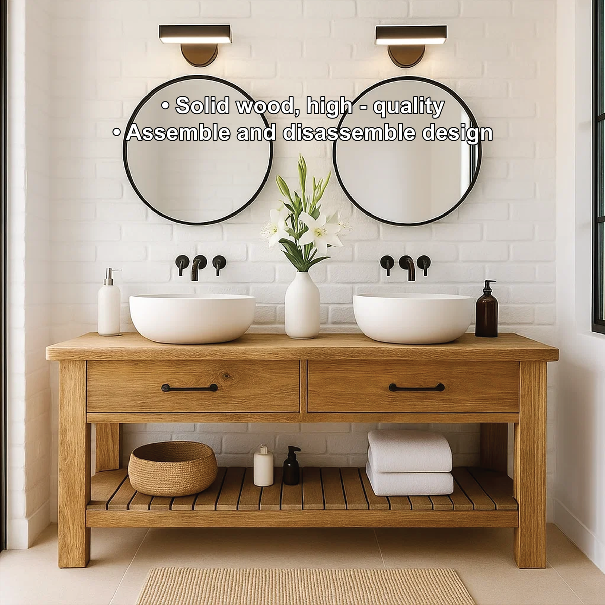 Handcrafted Double Solid Wood Bathroom Vanity with Drawers and Slatted Shelf for Modern Homes