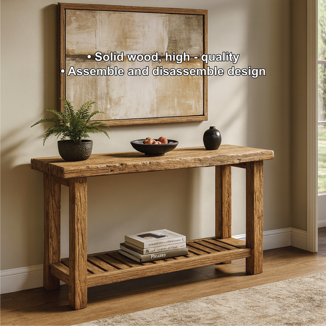 Handcrafted Solid Wood Console Table with Rustic Slatted Shelf for Entryway or Living Room
