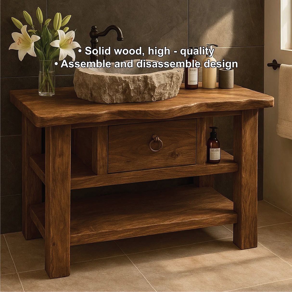 Handcrafted Solid Wood Bathroom Vanity with Drawer and Shelves for Rustic Natural Interior Design