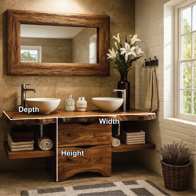Handcrafted Double Bathroom Vanity in Solid Wood with Live Edge Top and Central Storage Drawers