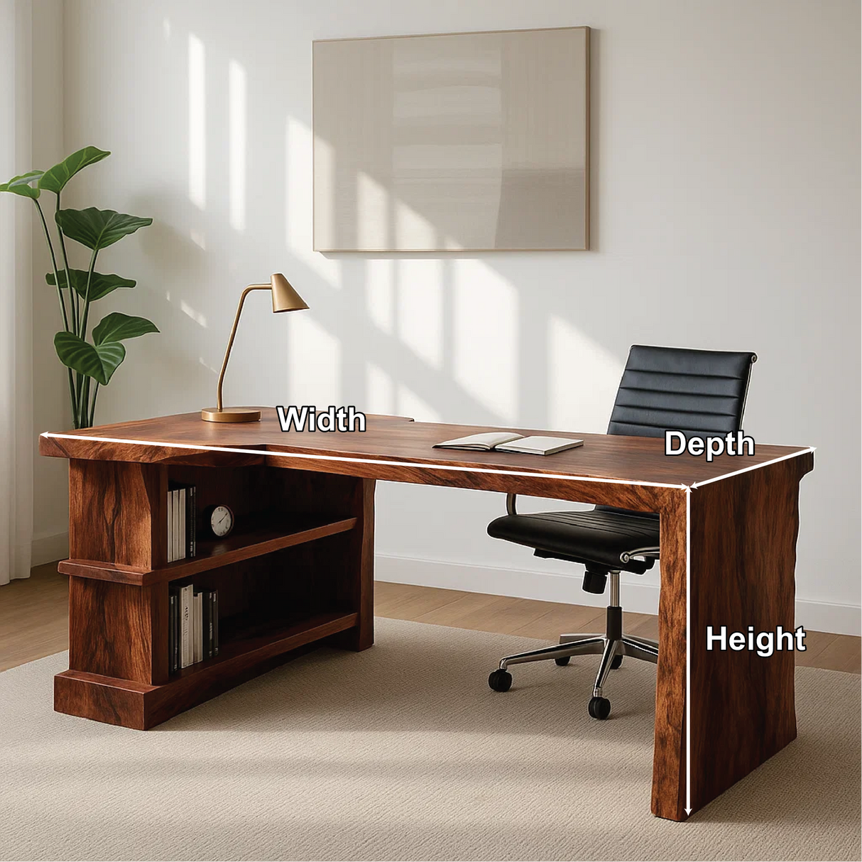 Handcrafted Solid Wood Executive Work Desk with Live-Edge Design and Built-In Open Shelving