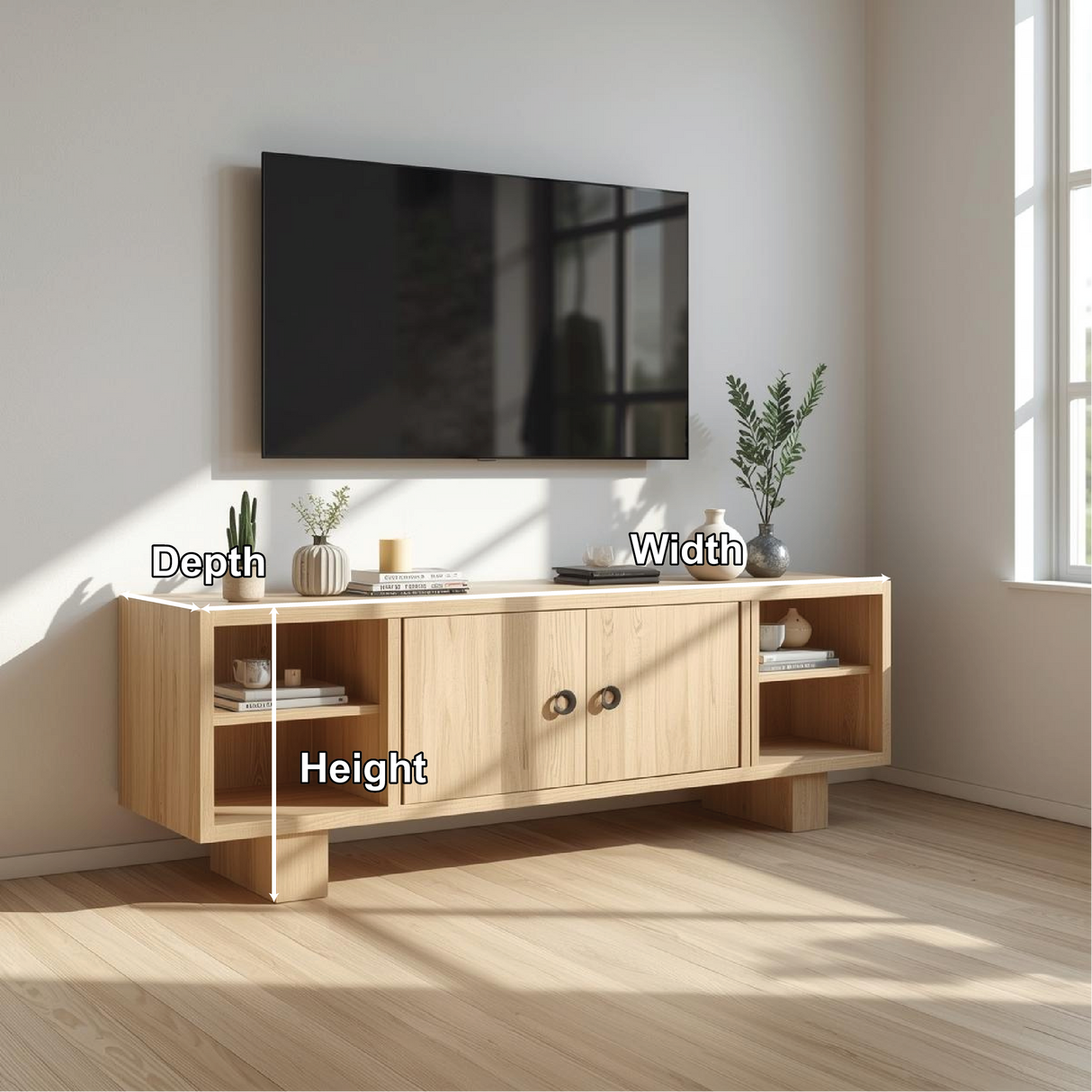 Handcrafted Solid Wood TV Stand with Double Doors and Open Shelves in Natural Oak Finish