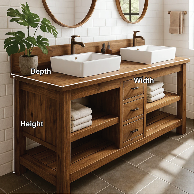 Handcrafted Double Bathroom Vanity in Solid Wood with Drawers and Open Shelves for Modern Spaces