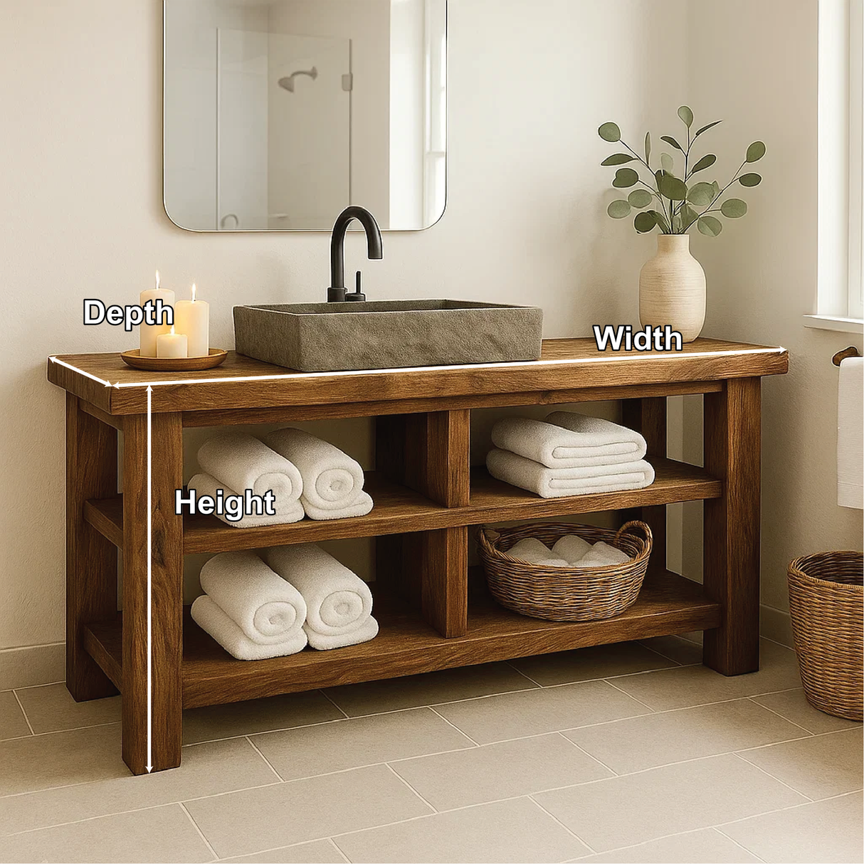 Handcrafted Solid Wood Bathroom Vanity with Open Shelving for Natural and Minimalist Interiors