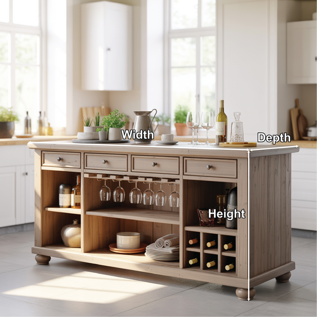 Handcrafted Solid Wood Kitchen Island with Wine Storage, Drawers, and Open Shelving