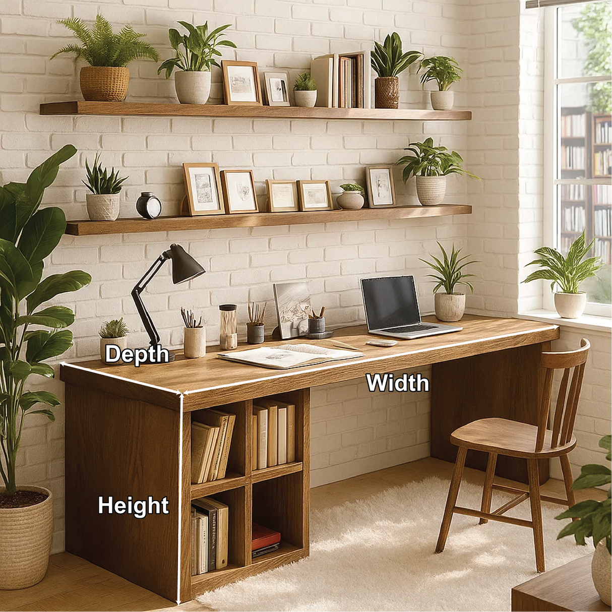 Handcrafted Solid Wood Work Desk – Long Home Office Table with Bookshelf and Natural Finish