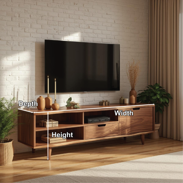 Handcrafted Solid Wood TV Stand with Mid-Century Modern Design and Open Storage Shelves