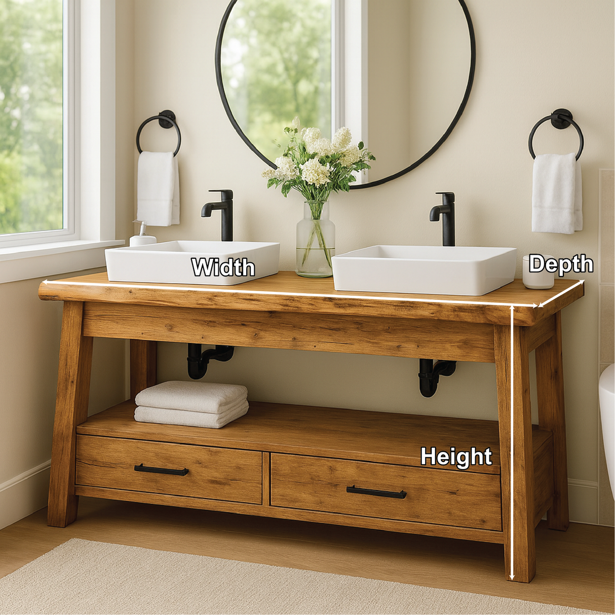 Handcrafted Double Solid Wood Bathroom Vanity with Drawers and Natural Finish for Modern Spaces