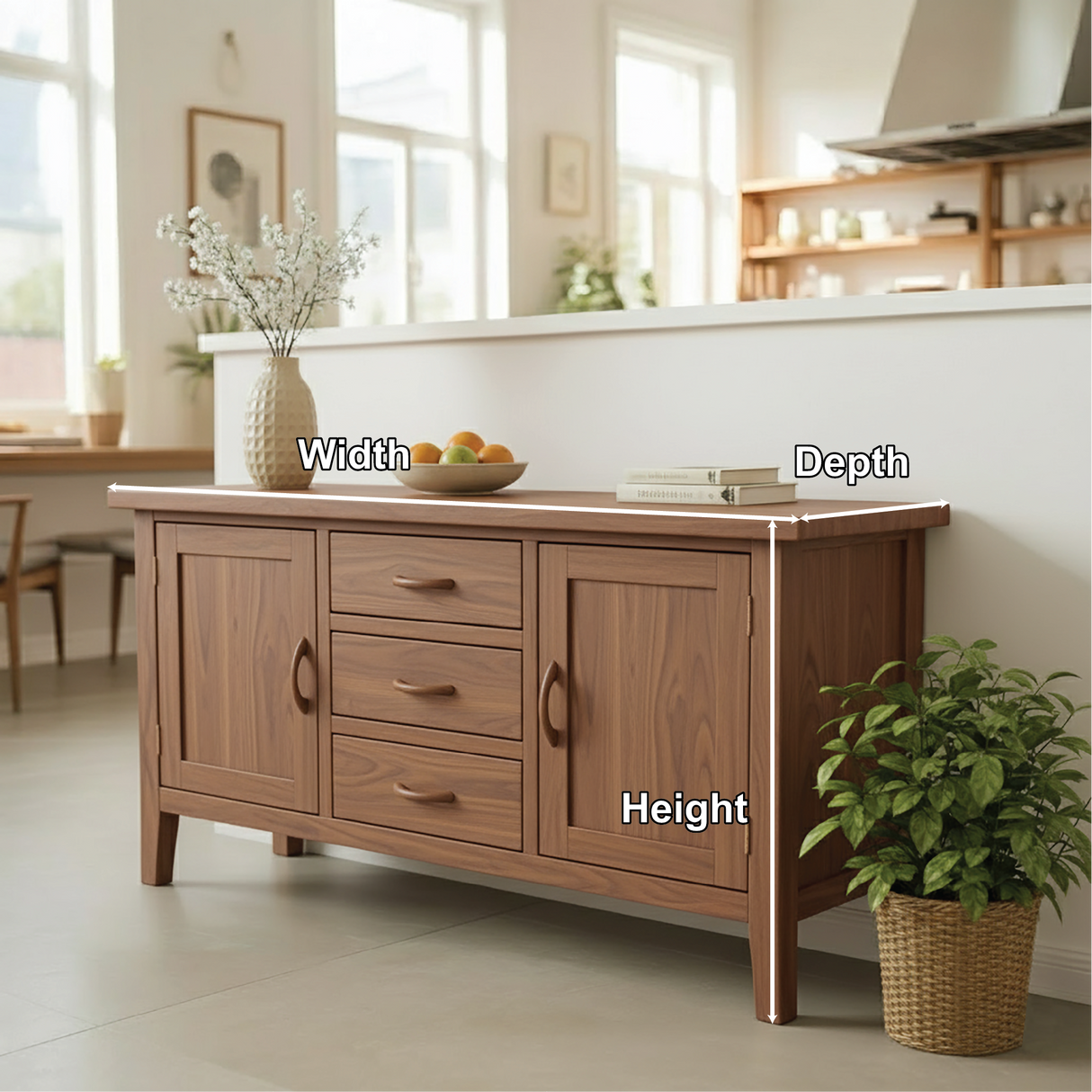 Handcrafted Solid Wood Dining Storage Cabinet with Center Drawers and Side Doors for Modern Homes