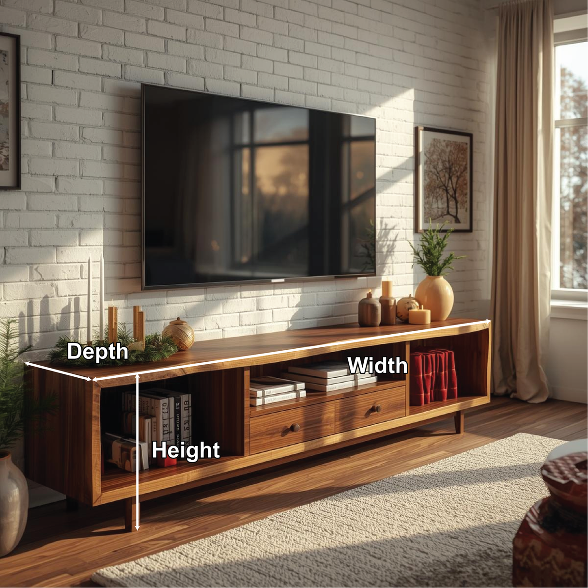 Handcrafted Solid Wood TV Stand with Natural Finish and Modern Storage Design for Living Room