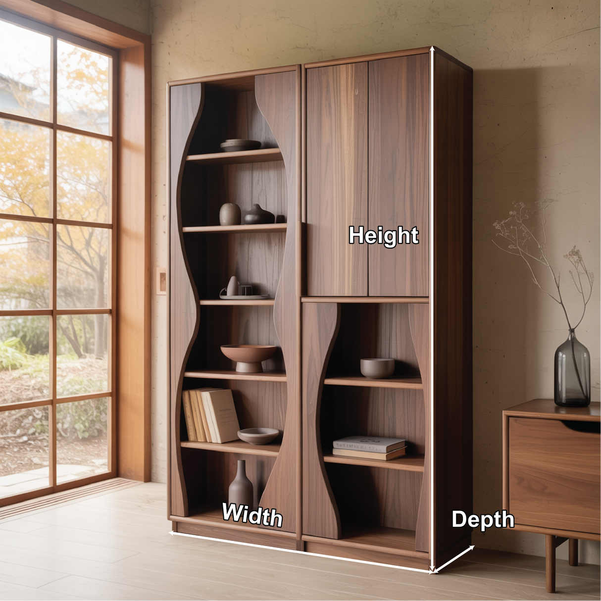 Handcrafted Solid Wood Dining Cabinet with Sculpted Curved Panels and Open Display Shelves