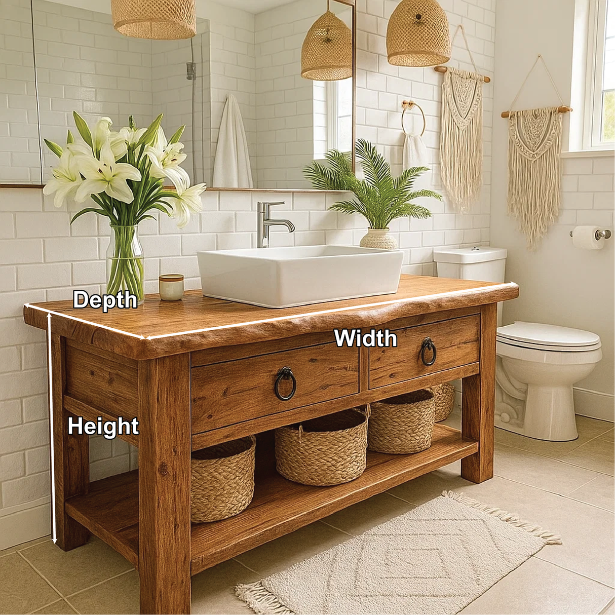Handcrafted Solid Wood Bathroom Vanity with Drawers and Open Shelf in Natural Rustic Finish