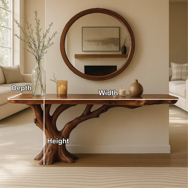 Handcrafted Solid Wood Console Table with Tree Trunk Base and Natural Live Edge Design