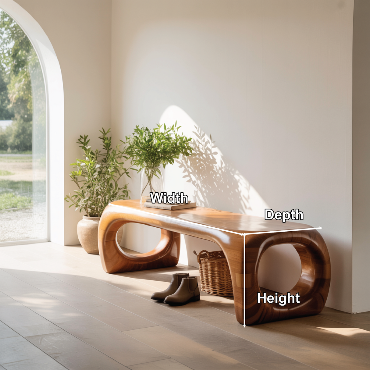 Handcrafted Solid Wood Entryway Bench with Modern Sculpted Organic Frame and Polished Finish