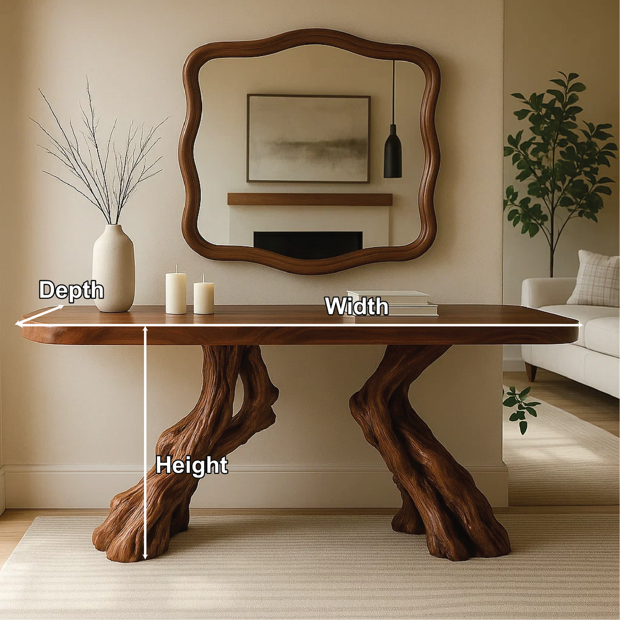 Handcrafted Solid Wood Console Table with Twin Root Base and Smooth Natural Finish Design
