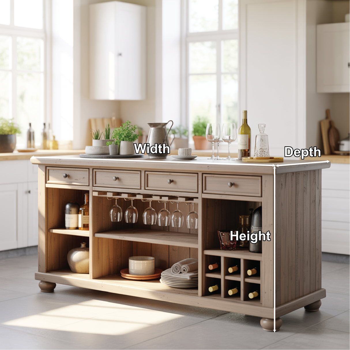 Handcrafted Solid Wood Kitchen Island with Wine Storage, Drawers, and Open Shelving