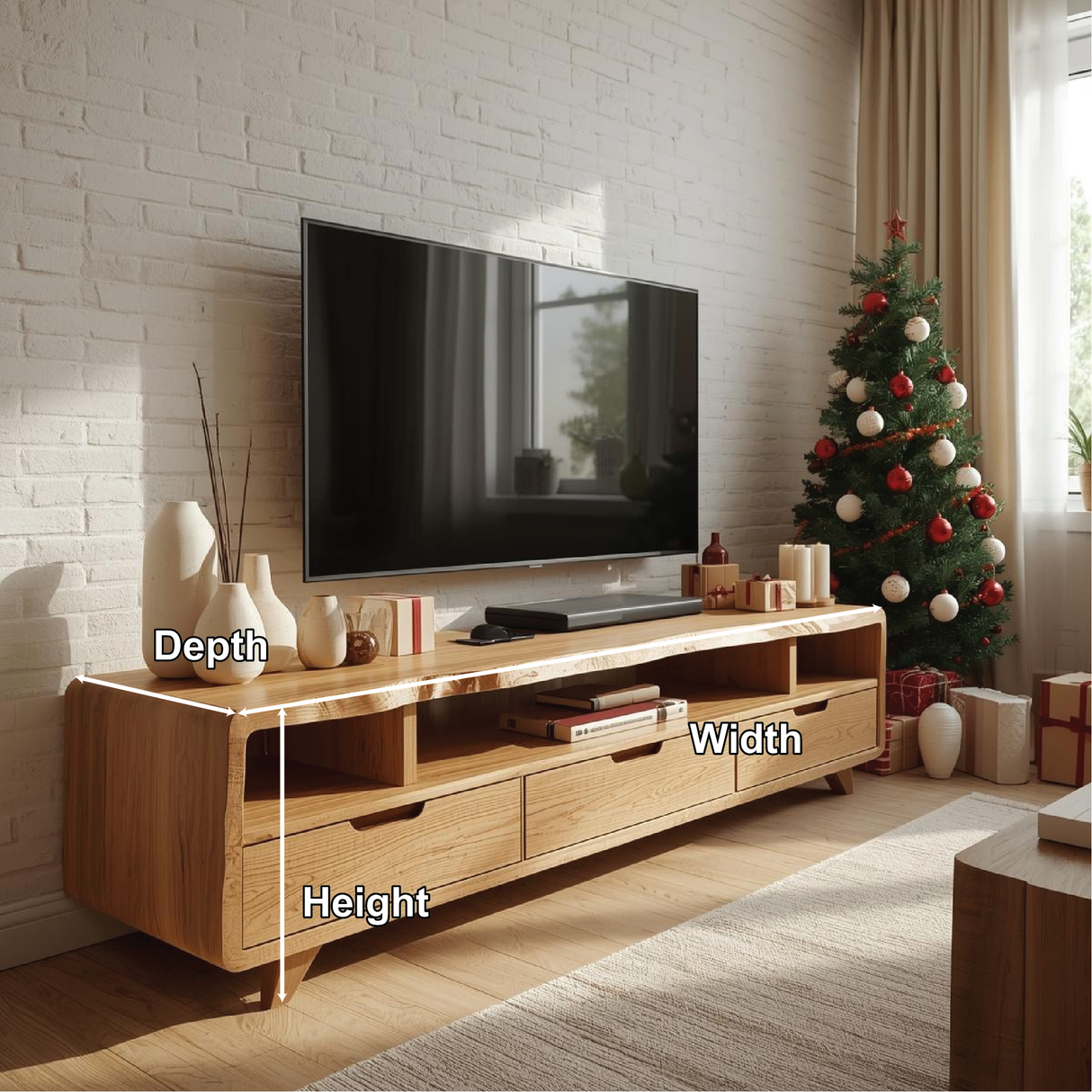 Handcrafted Solid Wood TV Stand with Curved Edges and Storage Drawers for Scandinavian Interiors