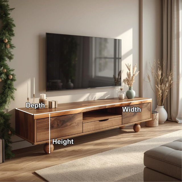 Handcrafted Solid Wood TV Stand with Natural Live Edge Design and Unique Round Wooden Legs