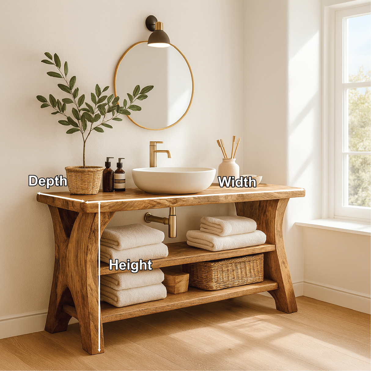 Handcrafted Solid Wood Bathroom Vanity with Natural Live Edge and Open Storage Shelf Design