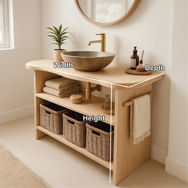 Handcrafted Solid Wood Bathroom Vanity with Curved Edge Design and Open Shelves for Modern Spaces