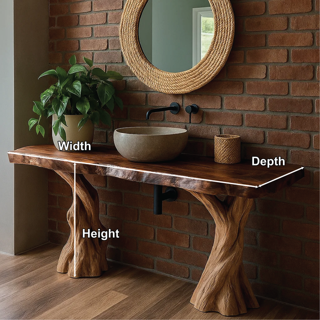 Handcrafted Solid Wood Bathroom Vanity with Natural Tree Trunk Legs and Live Edge Design