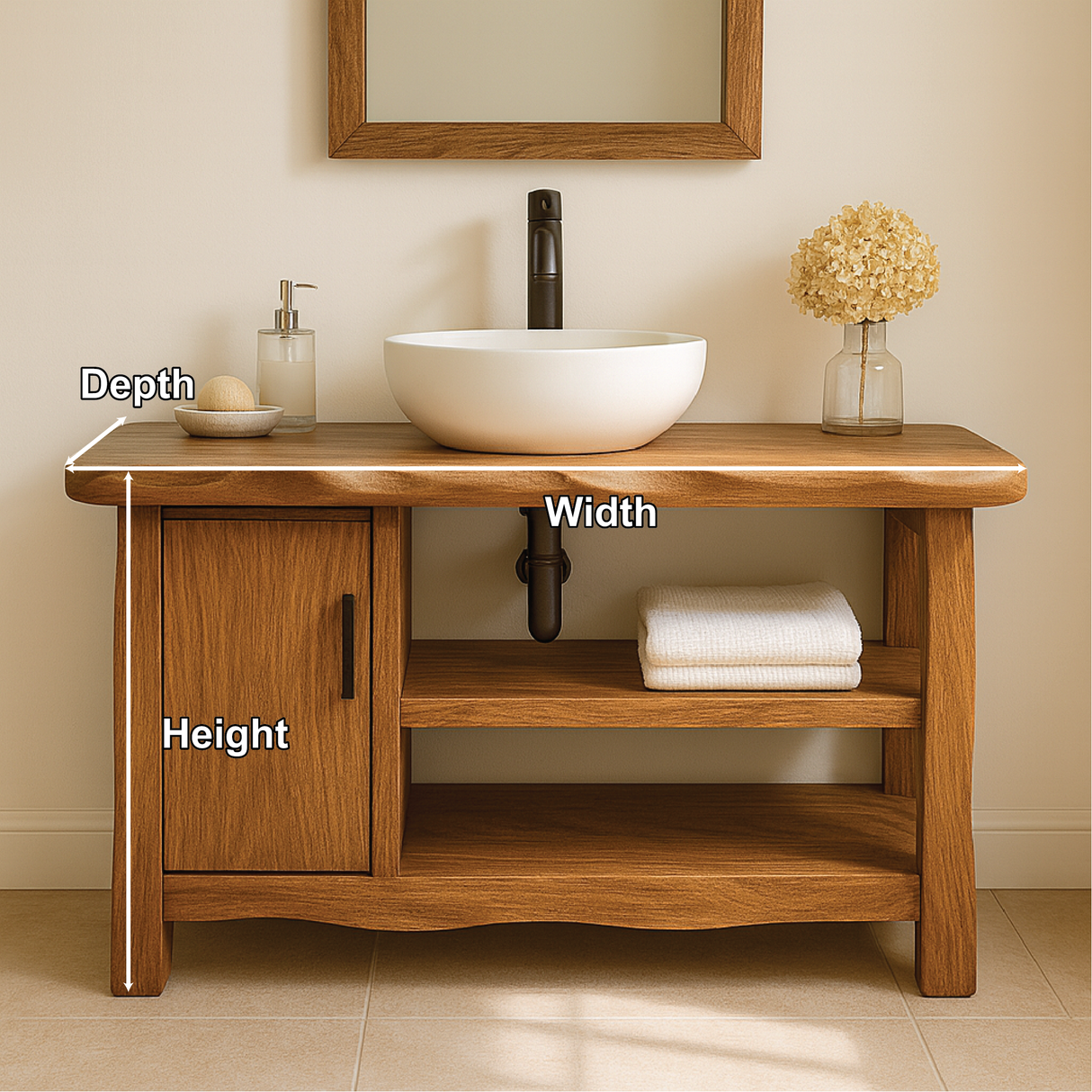 Handcrafted Solid Wood Bathroom Vanity with Cabinet and Open Shelves for Natural Minimal Interiors