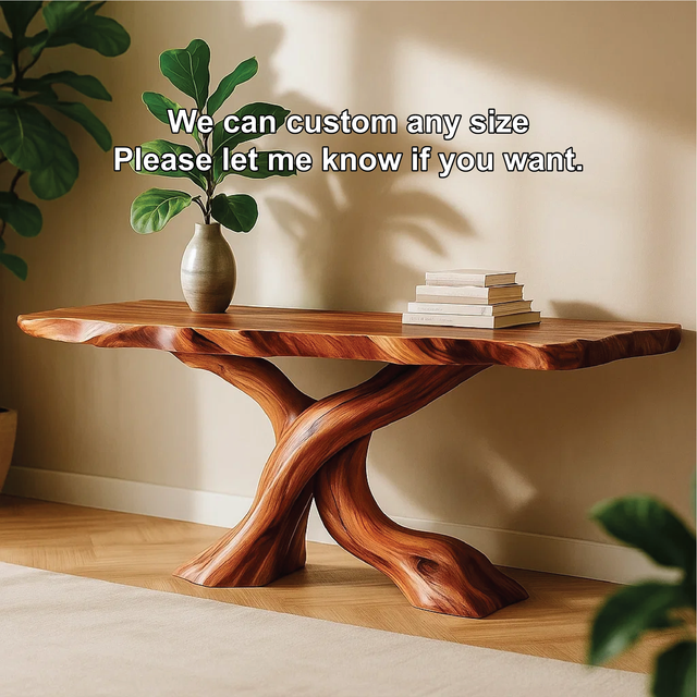 Handcrafted Solid Wood Tree Console Table with Twisted Base Design for Natural Modern Interiors