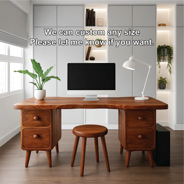 Handcrafted Solid Wood Office Desk – Mid-Century Modern Work Table with Curved Live Edge Design